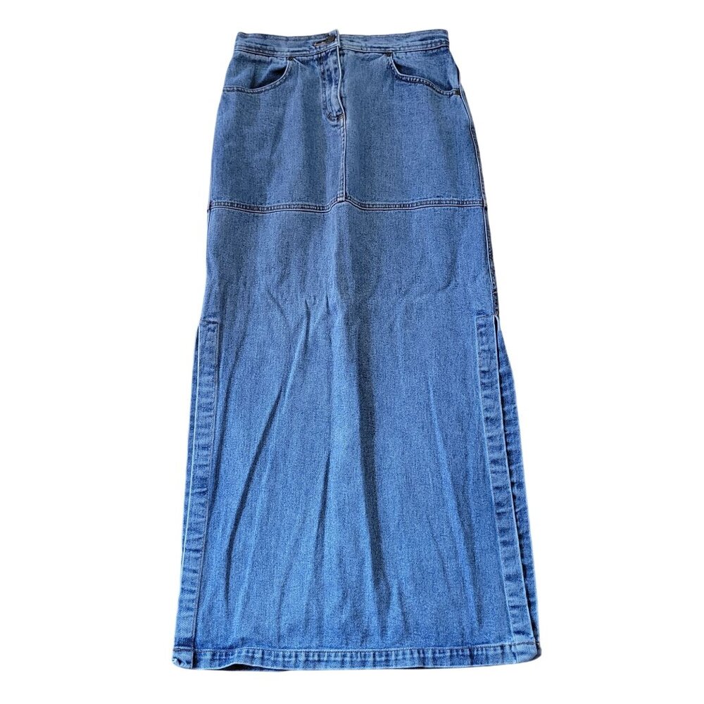 Jeanology Denim Maxi Skirt 6 Cotton Long Skirt Side Slits 90s Y2K Vintage